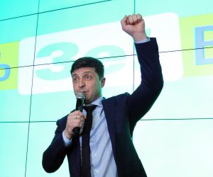 epa07477157 Ukrainian showman and comedian, and Presidential candidate Volodymyr Zelenskiy speaks at his headquarters following a presidential elections in Kiev, Ukraine, 31 March 2019. According to initial exit polls, Volodymyr Zelensky won the first round of the Ukraine presidential election with 30.4 percent of votes. Ukrainian President Petro Poroshenko is second with 17.8 percent of votes. If no candidate will receive more than half of the votes, the run-off elections will be held on 21 April 2019.  EPA/STEPAN FRANKO