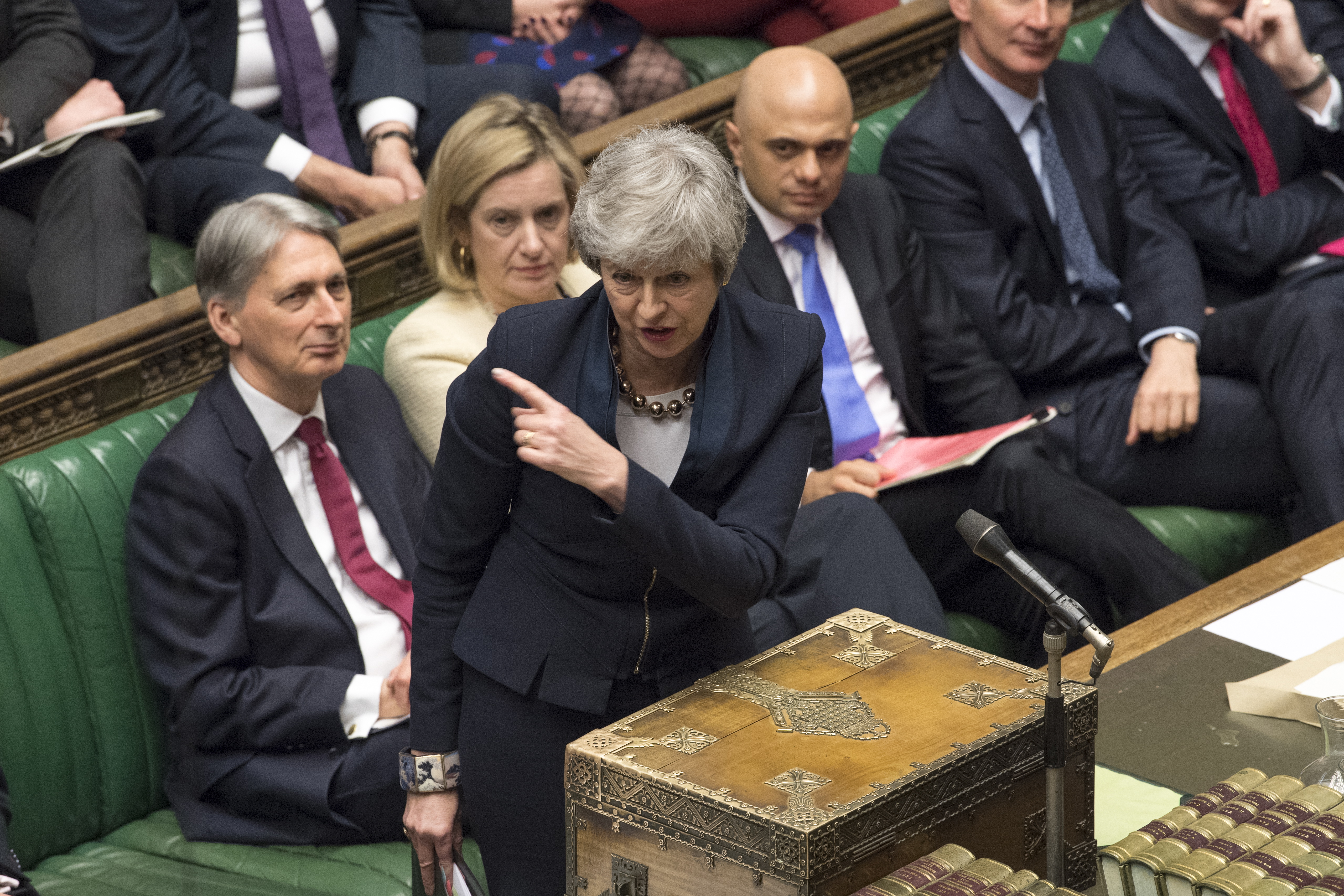 epa07483345 A handout photo made available by the UK Parliament shows British Prime Minister Theresa May (3-L) speaks during a Prime Ministers Questions (PMQs) in the British House of Commons in London, Britain, 03 April 2019. PM Theresa May will meet Corbyn tomorrow to see whether there is common ground to break the Brexit deadlock.  EPA/MARK DUFFY / UK PARLIAMENT / HANDOUT MANDATORY CREDIT: UK PARLIAMENT MARK DUFFY HANDOUT EDITORIAL USE ONLY/NO SALES