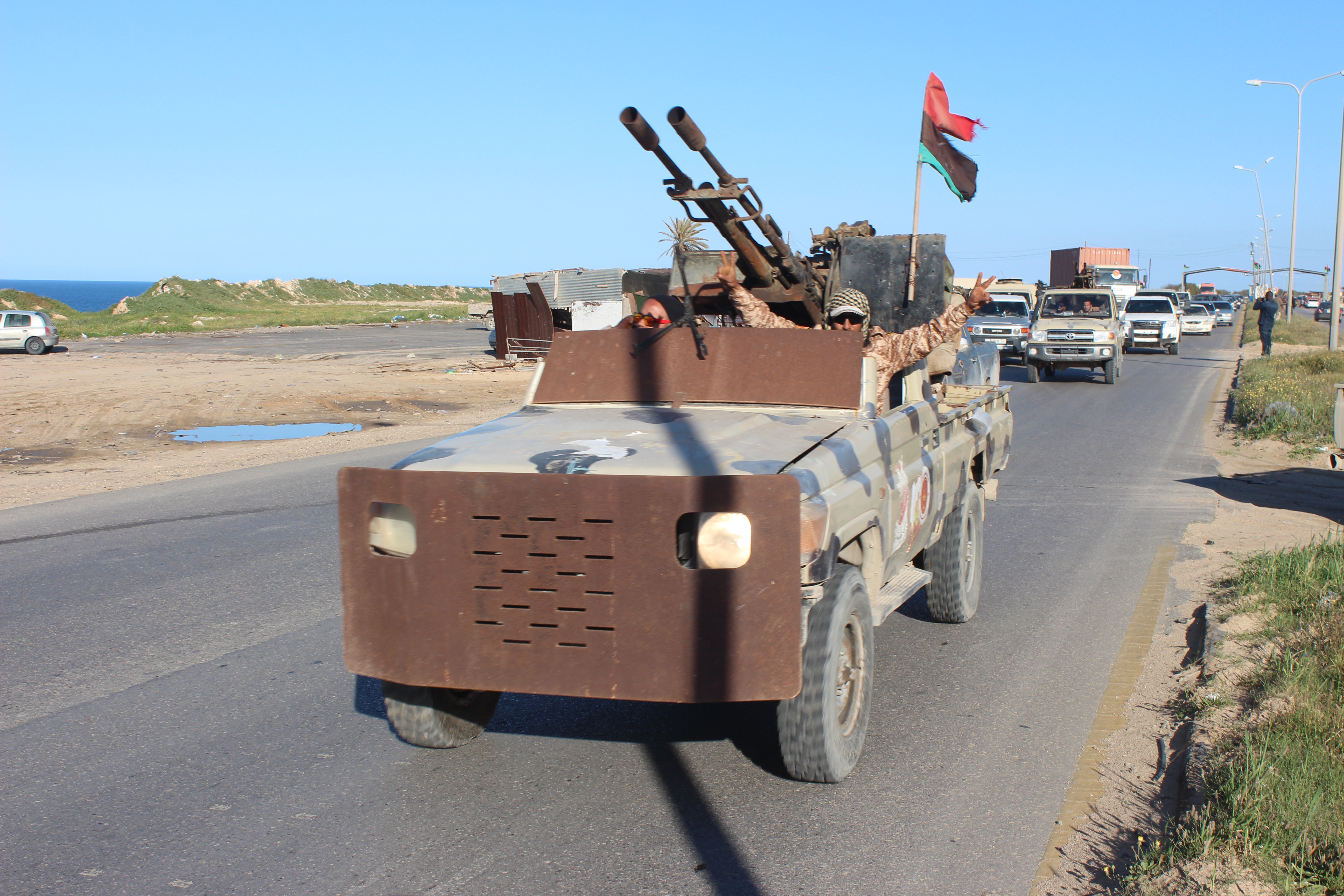 epa07489300 Vehicles and militants, reportedly from the Misrata militia, gathering to join Tripoli forces, in Tripoli, Libya, 06 April 2019. According to reports, commander of the Libyan National Army (LNA) Khalifa Haftar ordered Libyan forces loyal to him to take the capital Tripoli, held by a UN-backed unity government, sparking fears of further escalation in the country.  c