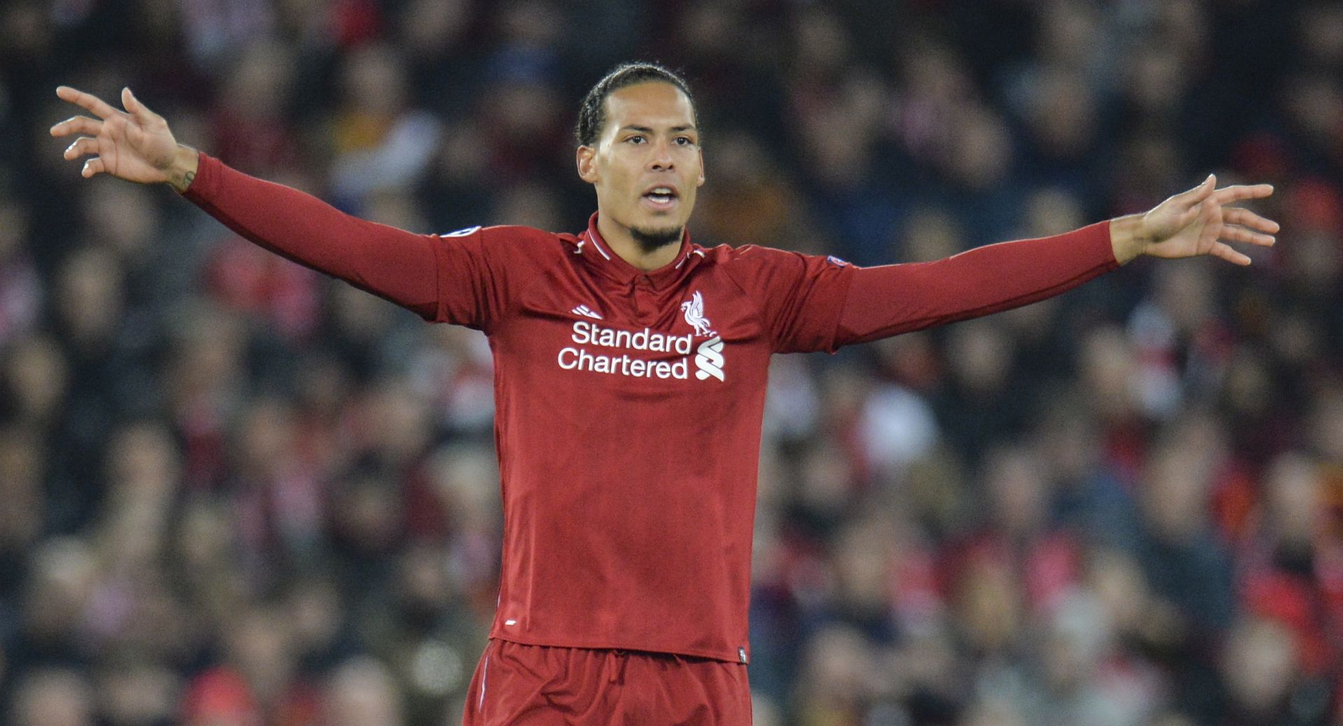 epa07495146 Liverpool's Virgil van Dijk reacts during the UEFA Champions League quarter final, first leg soccer match between Liverpool FC and FC Porto at Anfield in Liverpool, Britain, 09 April 2019.  EPA/PETER POWELL