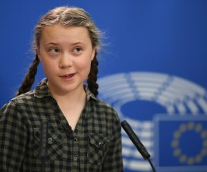 epa07509633 Swedish climate activist Greta Thunberg delivers her speech during a press briefing at the European Parliament in Strasbourg, France, 16 April 2019.  EPA/PATRICK SEEGER
