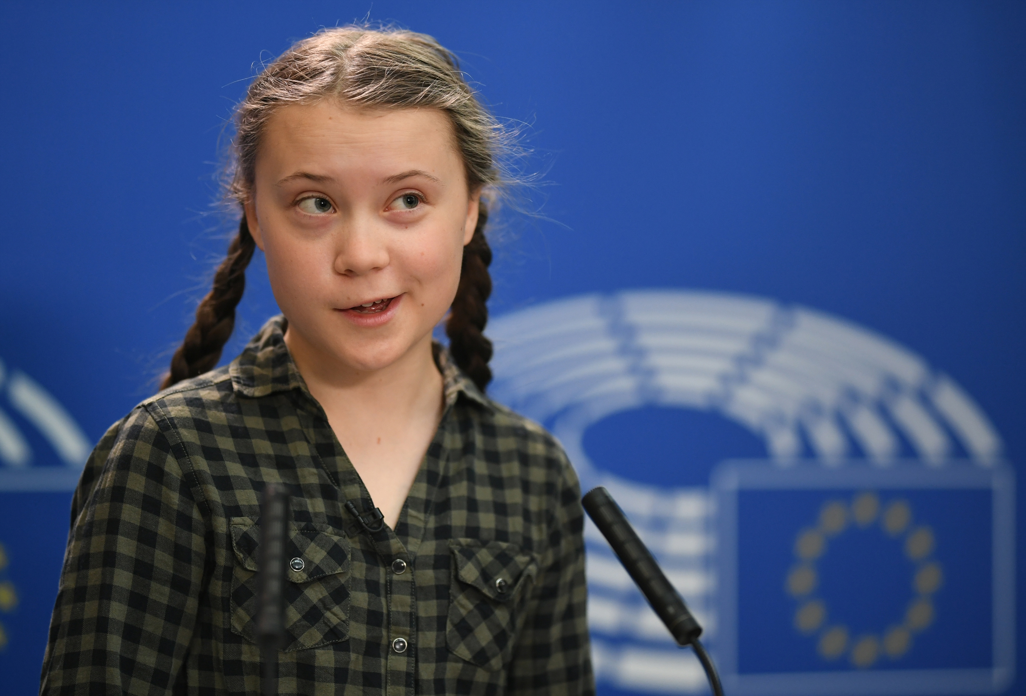 epa07509633 Swedish climate activist Greta Thunberg delivers her speech during a press briefing at the European Parliament in Strasbourg, France, 16 April 2019.  EPA/PATRICK SEEGER