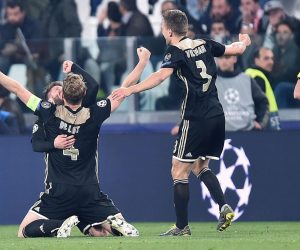 epa07511635 Ajax players celebrate at the end of the UEFA Champions League quarter final, second leg, soccer match between Juventus FC and Ajax Amsterdam in Turin, Italy, 16 April 2019. Ajax won 2-1 and advanced to the semi finals.  EPA/ALESSANDRO DI MARCO