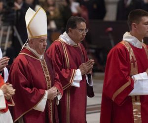 epa07516007 Pope Francis (2-L) celebrates the Lord's Passion on Good Friday at Saint Peter's Basilica, Vatican City, 19 April 2019. Good Friday is a Christian holiday commemorating the crucifixion of Jesus Christ and his death at Calvary. It is observed during Holy Week as part of the Easter Triduum on the Friday preceding Easter Sunday.  EPA/MAURIZIO BRAMBATTI