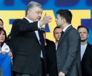 epa07516268 Ukrainian Presidential candidates Petro Poroshenko (L) and Volodymyr Zelensky (R) attend their debates at the Olimpiyskiy Stadium in Kiev, Ukraine, 19 April 2019.  Presidential candidates Petro Poroshenko and Volodymyr Zelensky visit the Olimpiyskiy Stadium to take part in the debates ahead of the second round of the presidential elections which will be held on 21 April 2019. After the first round of elections, showman Volodymyr Zelensky remains a frontrunner with 30.24 percent of votes and incumbent president Petro Poroshenko is a runner-up with 15.95 percent of votes.  EPA/SERGEY DOLZHENKO