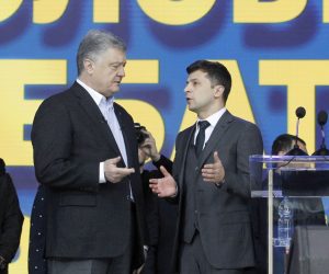 epa07516267 Presidential candidates Petro Poroshenko (L) and Volodymyr Zelensky (R) participate in debates at the Olimpiyskiy Stadium in Kiev, Ukraine, 19 April 2019.  Presidential candidates Petro Poroshenko and Volodymyr Zelensky visit the Olimpiyskiy Stadium to take part in the debates ahead of the second round of the presidential elections which will be held on 21 April 2019. After the first round of elections, showman Volodymyr Zelensky remains a frontrunner with 30.24 percent of votes and incumbent president Petro Poroshenko is a runner-up with 15.95 percent of votes.  EPA/STEPAN FRANKO