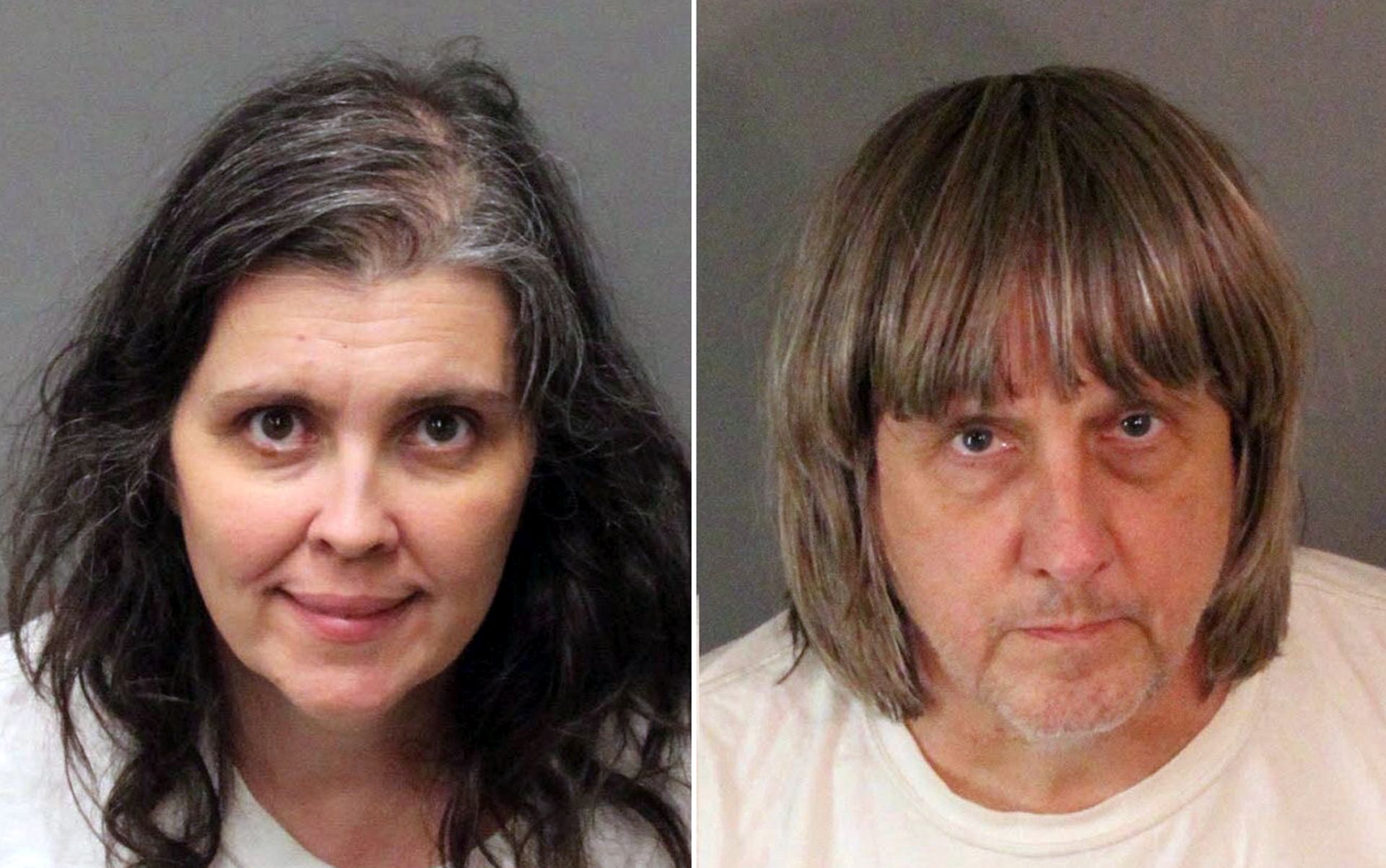 epa07516654 (FILE) - (COMPOSITE) - An undated composite file handout photo made available by the Riverside County Sheriff's Department shows David Allen Turpin (R) and Louise Anna Turpin (L), who were arrested in Perris, California, USA, on 14 January 2018 and charged with torture and child endangerment for allegedly holding their 13 children captive in their home (reissued 19 April 2019). The two parents were convicted on counts of Child abuse, torture, abuse of dependent adults and false imprisonment, and have been sentenced to 25 years to life in prison.  EPA/RIVERSIDE COUNTY SHERIFF'S DEPAR  HANDOUT EDITORIAL USE ONLY HANDOUT EDITORIAL USE ONLY