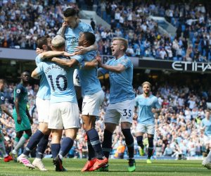 epa07517275 Manchester City players celebrate the 1-0 goal during the English Premier League soccer match between Manchester City and Tottenham Hotspur at the Etihad Stadium in Manchester, Britain, 20 April 2019.  EPA/NIGEL RODDIS EDITORIAL USE ONLY. No use with unauthorized audio, video, data, fixture lists, club/league logos or 'live' services. Online in-match use limited to 120 images, no video emulation. No use in betting, games or single club/league/player publications.
