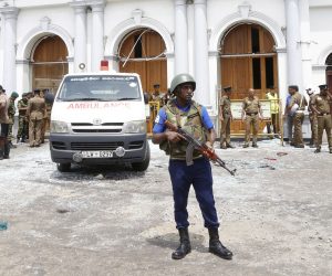 epa07518791 Security personal stand guard after a explosion hit at St Anthony's Church in Kochchikade in Colombo, Sri Lanka, 21 April 2019. According to the news reports at least 25 people killed and over 200 injured in a series of blasts during the Easter Sunday service at St Anthony's Church in Kochchikade and explosions also reported at the Shangri-La Hotel and Kingsbury Hotel.  EPA/M.A. PUSHPA KUMARA