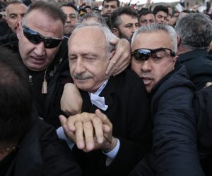 epa07519993 Turkey's main opposition Republican People's Party (CHP) leader Kemal Kilicdaroglu (C) is accompanied by police officers and guards as he was attacked by a nationalist group during the funeral of a Turkish soldier who died in an armed attack by Kurdistan Workers' Party (PKK) militants in Iraqi border of Turkey, in Cubuk district, near Ankara, Turkey 21 April 2019. Four Turkish soldiers who were killed on April 19 during military operations in the Turkey-Iraq border area.
TURKEY OUT, USA OUT, UK OUT, CANADA OUT, FRANCE OUT, SWEDEN OUT, IRAQ OUT, JORDAN OUT, KUWAIT OUT, LEBANON OUT, OMAN OUT, QATAR OUT, SAUDI ARABIA OUT, SYRIA OUT, UAE OUT, YEMEN OUT, BAHRAIN OUT, EGYPT OUT, LIBYA OUT, ALGERIA OUT, MOROCCO OUT, TUNISIA OUT, AZERBAIJAN OUT, ALBANIA OUT, BOSNIA HERZEGOVINA OUT, BULGARIA OUT, KOSOVO OUT, CROATIA OUT, MACEDONIA OUT, MONTENEGRO OUT, SERBIA OUT  EPA/METIN AKTAS/ANADOLU AGENCY  SHUTTERSTOCK OUT