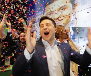 epa07520323 Ukrainian showman and comedian, and Presidential candidate Volodymyr Zelensky reacts at his campaign headquarters following a presidential elections in Kiev, Ukraine, on April 21, 2019. Ukrainians voted during the second round of Presidential elections on 21 April 2019.  EPA/STEPAN FRANKO