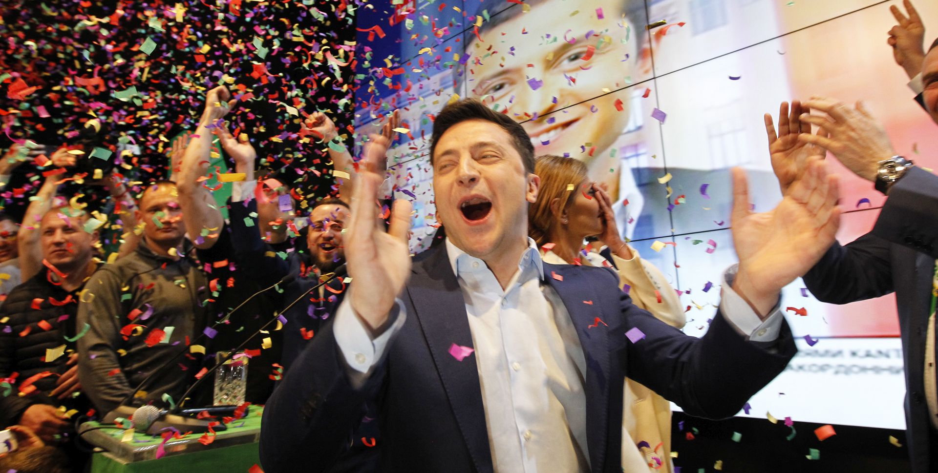 epa07520323 Ukrainian showman and comedian, and Presidential candidate Volodymyr Zelensky reacts at his campaign headquarters following a presidential elections in Kiev, Ukraine, on April 21, 2019. Ukrainians voted during the second round of Presidential elections on 21 April 2019.  EPA/STEPAN FRANKO