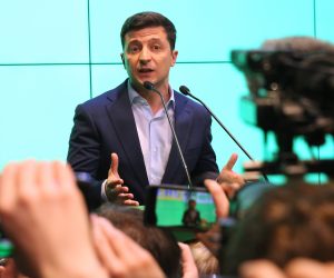 epa07520524 Ukrainian Presidential candidate Volodymyr Zelensky talks to media at the briefing after the announcement of exit-poll during the Ukrainian presidential elections in Kiev, Ukraine, 21 April 2019. Ukrainians voted during the second round of Presidential elections on 21 April 2019. Some 73.2 percent of voters supported presidential candidate Volodymyr Zelensky, while 25.3 percent voted for incumbent President Petro Poroshenko, according to results of the National Exit Poll 2019 project as of 18:00 Kiev time, an local media report.  EPA/TATYANA ZENKOVICH
