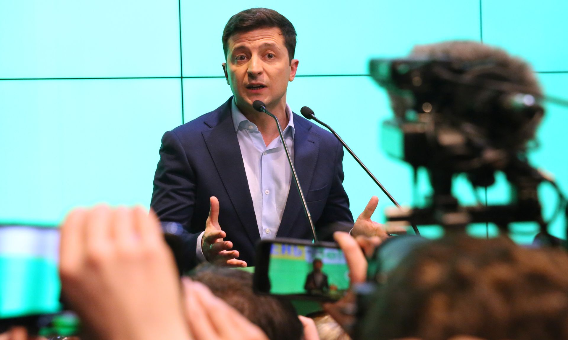 epa07520524 Ukrainian Presidential candidate Volodymyr Zelensky talks to media at the briefing after the announcement of exit-poll during the Ukrainian presidential elections in Kiev, Ukraine, 21 April 2019. Ukrainians voted during the second round of Presidential elections on 21 April 2019. Some 73.2 percent of voters supported presidential candidate Volodymyr Zelensky, while 25.3 percent voted for incumbent President Petro Poroshenko, according to results of the National Exit Poll 2019 project as of 18:00 Kiev time, an local media report.  EPA/TATYANA ZENKOVICH