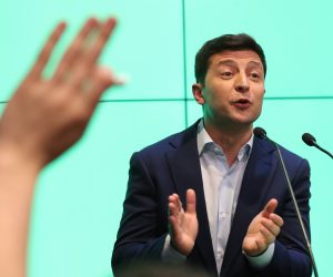 epa07520509 Ukrainian Presidential candidate Volodymyr Zelensky talks to the media at the briefing after the announcement of exit-poll during the Ukrainian presidential elections in Kiev, Ukraine, 21 April 2019. Ukrainians vote in the second round of Presidential elections on 21 April 2019. Some 73.2 percent of voters supported presidential candidate Volodymyr Zelensky, while 25.3 percent voted for incumbent President Petro Poroshenko, according to results of the National Exit Poll 2019 project as of 18:00 Kiev time, an local media report.  EPA/TATYANA ZENKOVICH