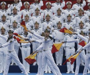 epa07521153 Chinese People's Liberation Army (PLA) navy soldiers perform during the multinational naval military bands performance to celebrate the upcoming 70th anniversary of the Chinese PLA Navy in Qingdao, China's Shandong province, 22 April 2019. Chinese PLA Navy will hold the navy parade to mark its 70th anniversary on 23 April 2019.  EPA/WU HONG