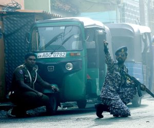 epa07521277 Security personal react as a device was detonated in a controled explosion in a van near the St Anthony's Church  Kochchikade in Colombo, Sri Lanka, 22 April 2019.  According to news reports, at least 290 people have been killed and over 500 were injured on 21 April 2019 in a series of blasts during Easter Sunday service at churches and hotels across Colombo.   EPA/M.A. PUSHPA KUMARA