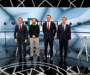 epa07524039 Spanish presidency candidates (L-R); leader of People's Party, Pablo Casado; leader of Unidas Podemos, Pablo Iglesias; Spanish Prime Minister and leader of Socialist Party (PSOE), Pedro Sanchez; and leader of Citizens, Albert Rivera; react at Spanish media group 'AtresMedia' studios prior the second four-party debate in Madrid, Spain, 23 April 2019. Leaders of PP's party, PSOE, Ciudadanos (Citizens) and Unidas Podemos will participate during a four-party debate tonight at Spanish public television headquarter. Spain will be holding general elections 28 April 2019.  EPA/JuanJo Martín