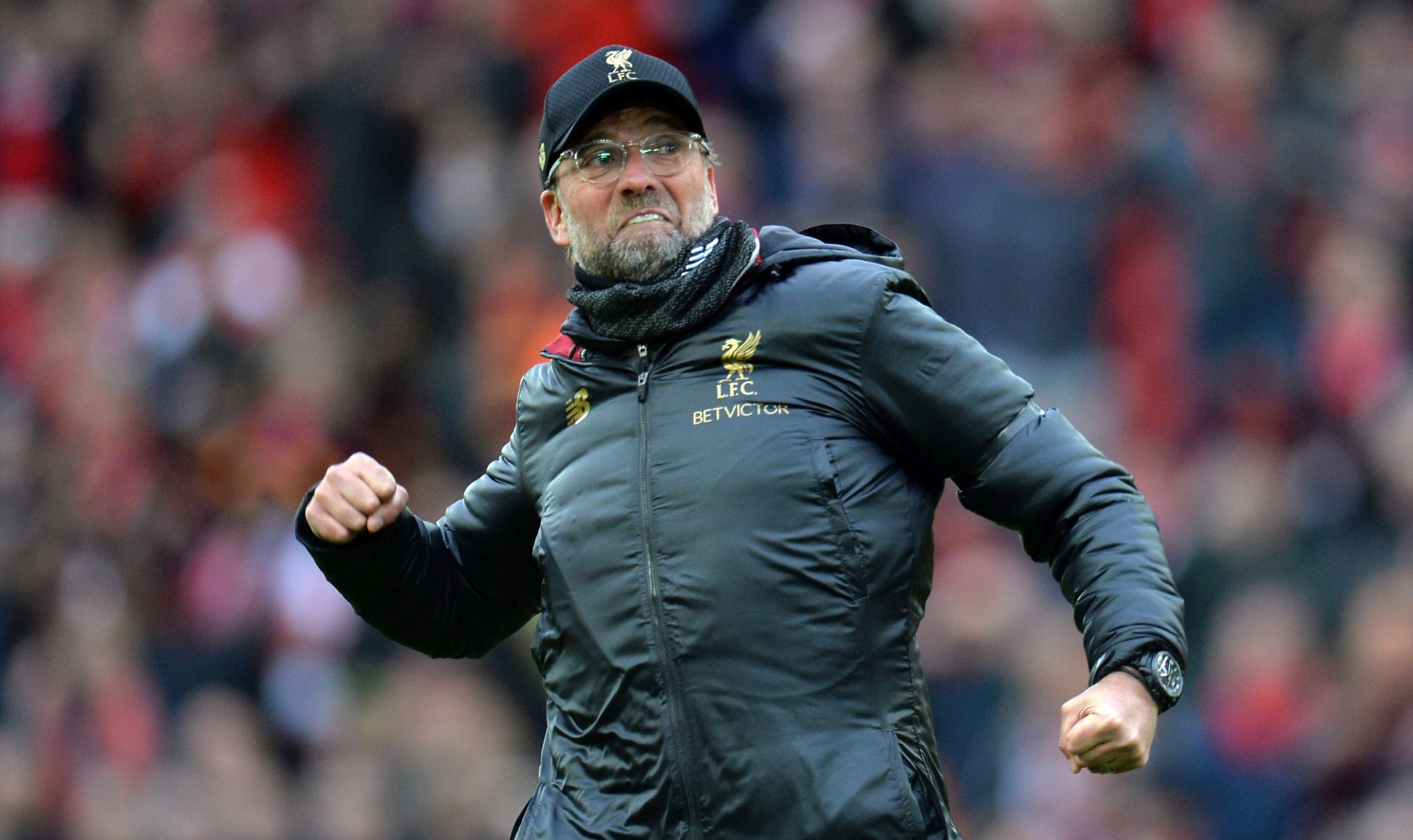 epa07506905 Liverpool manager Jurgen Klopp celebrates their win at the end of the English Premier League match between Liverpool FC and Chelsea FC at Anfield, Liverpool, Britain, 14 April 2019.  EPA/PETER POWELL EDITORIAL USE ONLY. No use with unauthorized audio, video, data, fixture lists, club/league logos or 'live' services. Online in-match use limited to 120 images, no video emulation. No use in betting, games or single club/league/player publications.
