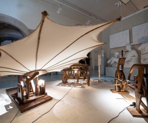 29 April 2019, Baden-Wuerttemberg, Tuebingen: Replicas of da Vinci's machines are seen on display during a press tour of the exhibition "Ex Machina - Leonardo da Vinci's Machines between Science and Art" at the Museum of the University of Tuebingen. The exhibition, which runs from 03 May to 01 December 2019, features replicas of sketches by da Vinci. Photo: Sebastian Gollnow/dpa