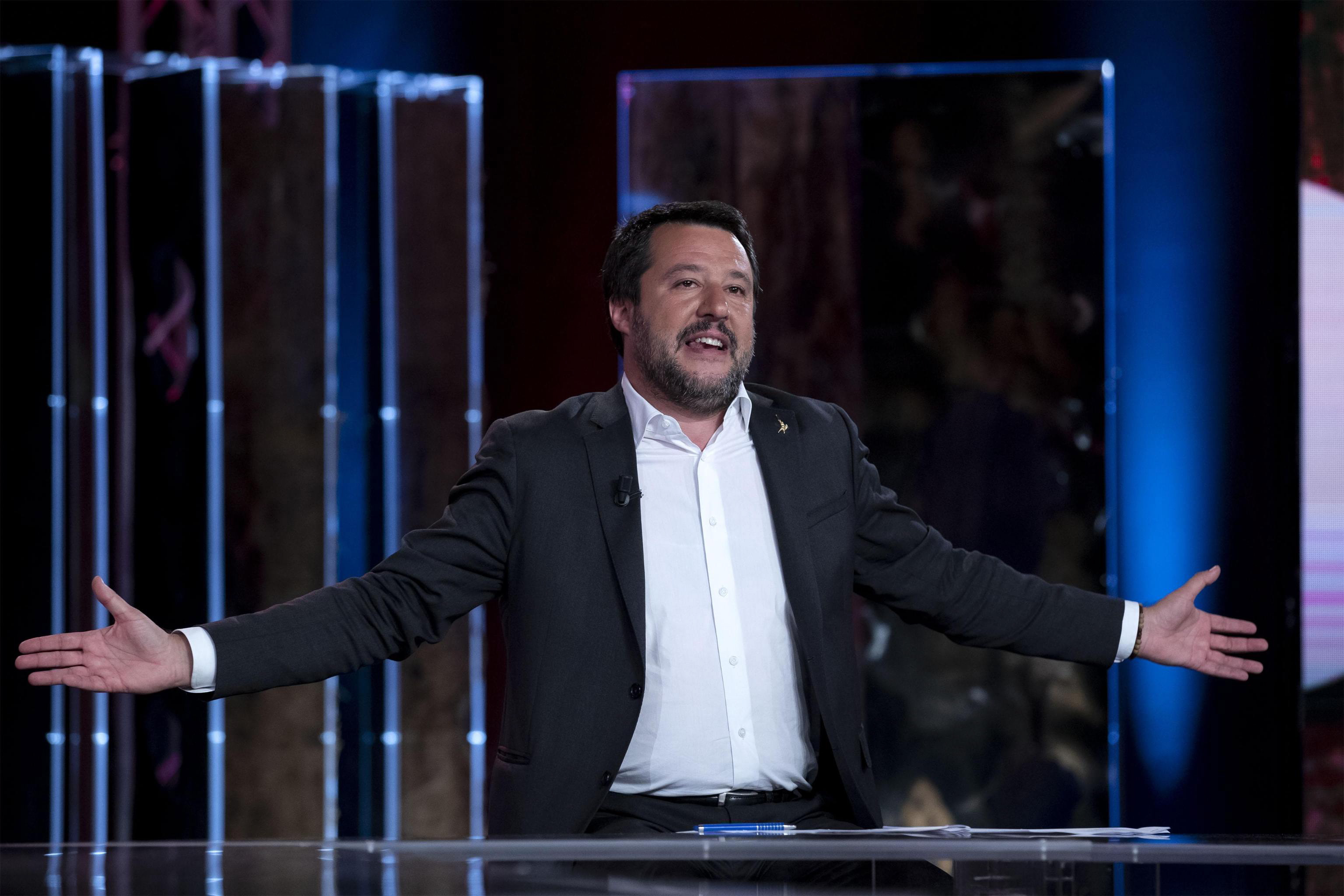 epa07537018 Italian Deputy Premier and Interior Minister, Matteo Salvini, attends the Raidue Italian program 'Povera Patria' in Rome, Italy, 29 April 2019.  EPA/MASSIMO PERCOSSI