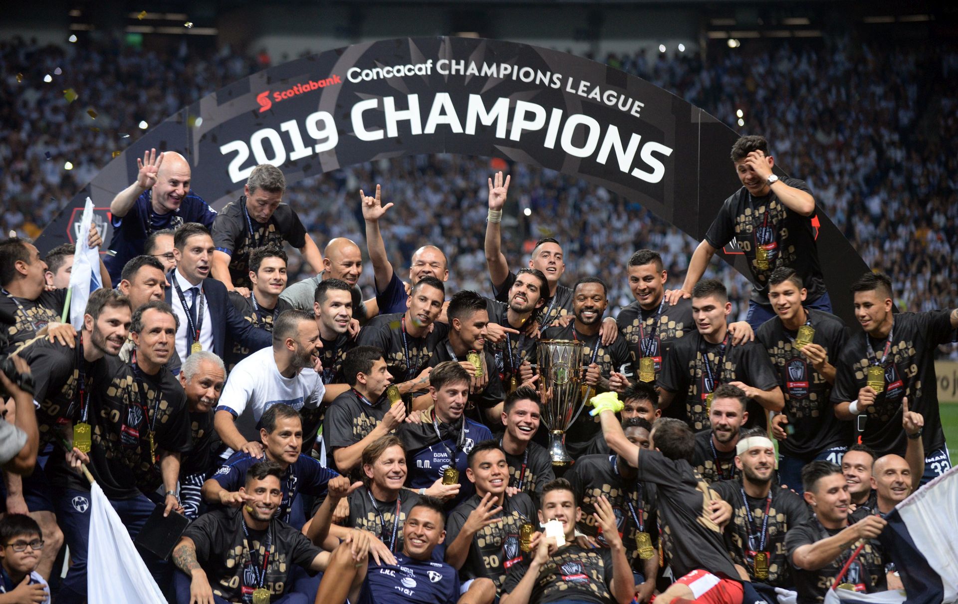 epa07541725 Monterrey players celebrate after winning the CONCACAF Champions League Final between Rayados de Monterrey and Tigres UANL, at the BBVA Stadium in Monterrey, Mexico, 01 May 2019.  EPA/MIGUEL SIERRA