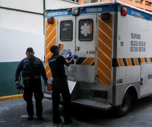 epa07541525 View of an ambulance used to carry wounded people after a demonstration in Caracas, Venezuela, 01 May 2019. More than 50 people were injured in Caracas during the second consecutive day of anti-government protests, according to health and union sources.  EPA/MIGUEL GUTIERREZ