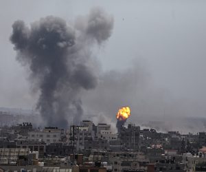 epa07546463 Smoke and flames rise after an Israeli airstrike in Gaza City, 04 May 2019. Reports state five Palestinians were killed, including three in Israeli airstrikes in the Gaza Strip and two during protests after Friday prayer near the border with Israel eastern Gaza Strip. The Israeli army said almost 100 rockets were fired from the strip.  EPA/MOHAMMED SABER