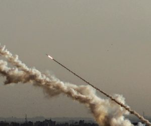 epa07547121 A rocket fired from Gaza flies towards Israel, in Gaza City, 04 May 2019. Reports state five Palestinians were killed, including three in Israeli airstrikes in the Gaza Strip and two during protests after Friday prayer near the border with Israel eastern Gaza Strip. The Israeli army said almost 100 rockets were fired from the strip.  EPA/MOHAMMED SABER