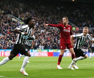 epa07547454 Newcastle United Christian Atsu (L) celebrates scoring a goal during the English Premier League soccer match between Newcastle United and Liverpool FC at St James' Park in Newcastle, Britain, 04 May 2019.  EPA/NIGEL RODDIS EDITORIAL USE ONLY. No use with unauthorized audio, video, data, fixture lists, club/league logos or 'live' services. Online in-match use limited to 120 images, no video emulation. No use in betting, games or single club/league/player publications