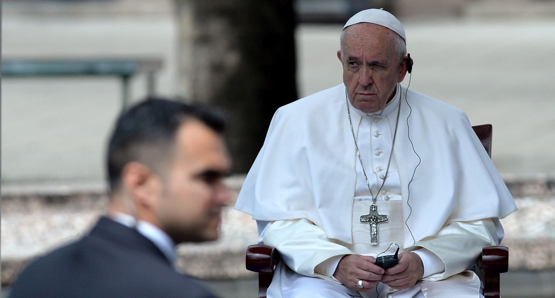 epa07548173 Pope Francis looks on during the official welcome ceremony in Sofia, Bulgaria, 05 May 2019. Pope Francis is visiting Bulgaria and North Macedonia from 05 to 07 May; his 29th Apostolic Journey abroad.  EPA/BORISLAV TROSHEV