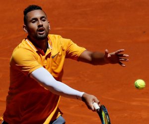 epa07548596 Australian player Nick Kyrgios in action during his first round match against German Jan-Lennard Struff at the Mutua Madrid Open tennis tournament, in Madrid, Spain, 05 May 2019.  EPA/CHEMA MOYA