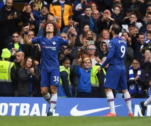 epa07548950 Chelsea's David Luiz (L) celebrates scoring a goal during the English Premier League soccer match between Chelsea FC and Watford FC at Stamford Bridge in London, Britain, 05 May 2019.  EPA/FACUNDO ARRIZABALAGA EDITORIAL USE ONLY.  No use with unauthorized audio, video, data, fixture lists, club/league logos or 'live' services. Online in-match use limited to 120 images, no video emulation. No use in betting, games or single club/league/player publications.