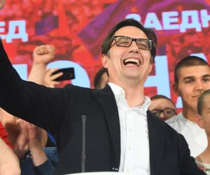 epa07549908  Stevo Pendarovski (C), the candidate of the ruling Social Democratic Union of Macedonia (SDSM) celebrates with supporters after declaring election victory in Skopje, North Macedonia, 05 May 2019. More than 1.8 million voters were leigible to choose between two candidates for the President of North Macedonia in the second round of elections.  EPA/GEORGI LICOVSKI
