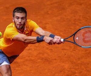 epa07554210 Croatia's Borna Coric in action during his first round match against French player Lucas Pouille at the Mutua Madrid Open tennis tournament in Madrid, Spain, 07 May 2019.  EPA/JUANJO MARTIN