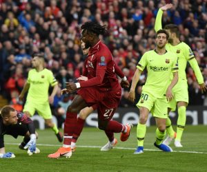 epa07554424 Divock Origi (C) of Liverpool scores the opening goal during the UEFA Champions League semi final 2nd leg match between Liverpool FC and FC Barcelona at Anfield, Liverpool, Britain, 07 May 2019.  EPA/NEIL HALL