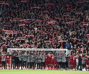 epa07554701 Liverpool players celebrate in front of their fans after the UEFA Champions League semi final 2nd leg match between Liverpool FC and FC Barcelona at Anfield, Liverpool, Britain, 07 May 2019. Liverpool won 4-0 and advance to the final.  EPA/NEIL HALL