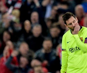 epa07554639 Barcelona's Lionel Messi reacts during the UEFA Champions League semi final second leg soccer match between Liverpool FC and FC Barcelona at Anfield stadium in Liverpool, Britain, 07 May 2019.  EPA/PETER POWELL