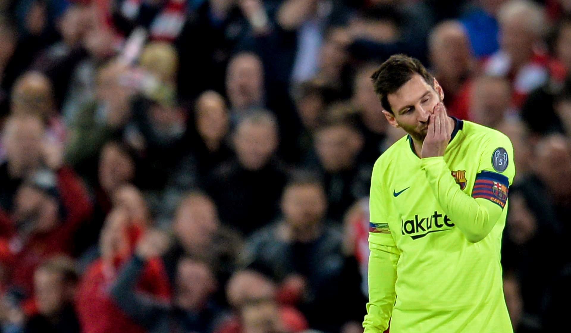 epa07554639 Barcelona's Lionel Messi reacts during the UEFA Champions League semi final second leg soccer match between Liverpool FC and FC Barcelona at Anfield stadium in Liverpool, Britain, 07 May 2019.  EPA/PETER POWELL
