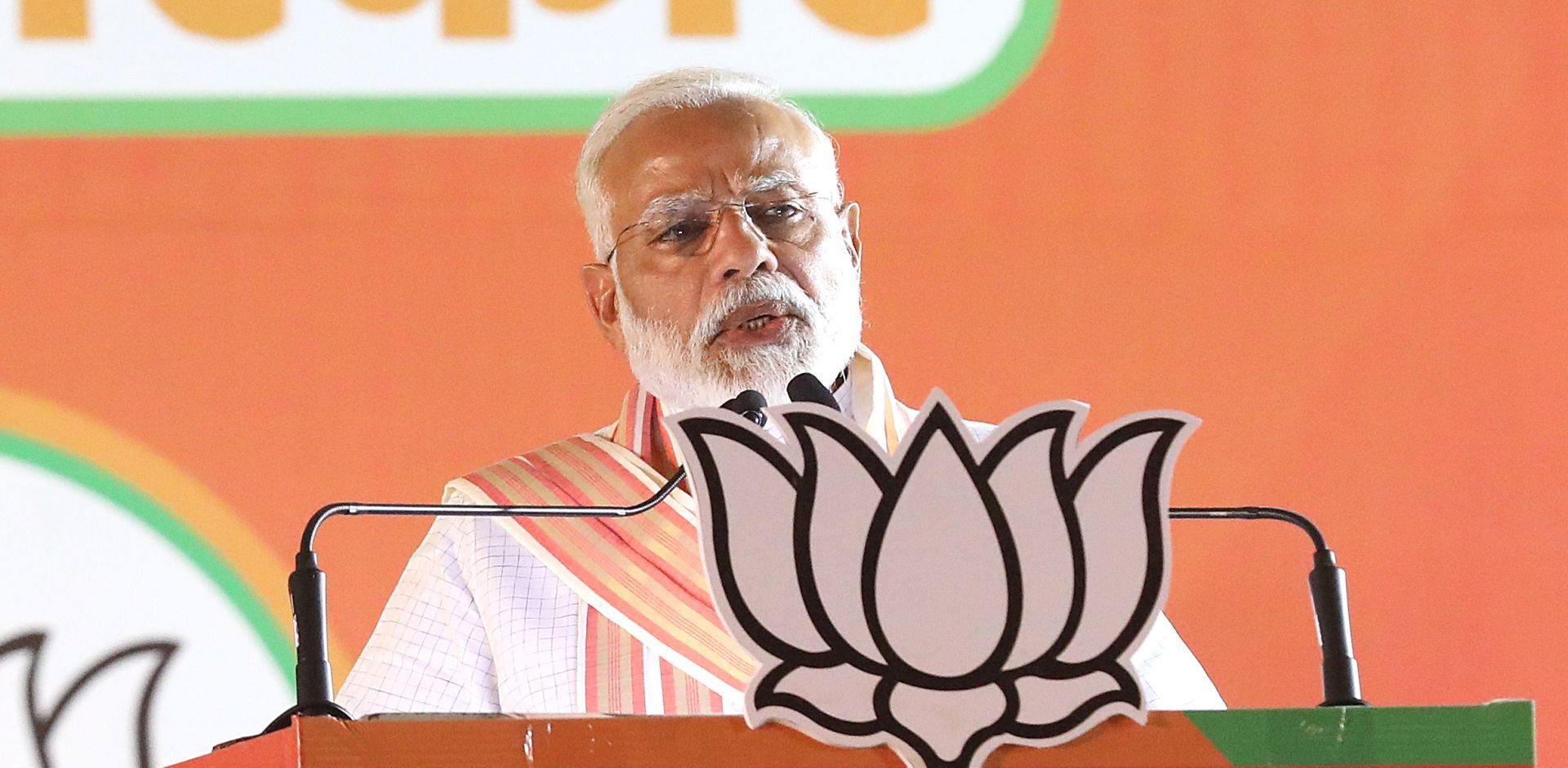 epa07556037 Bhartya Janta Party (BJP) leader and Indian Prime Minister Narendra Modi speak during an election campaign rally at Ramlila Maidan in New Delhi, India, 08 May 2019. Voting for the Parliamentary elections in Delhi will be held in a single phase on 12 May 2019. The parliamentary elections, which began on 11 April 2019, are to be conducted in seven phases throughout India and the result will be announced on 23 May.  EPA/HARISH TYAGI