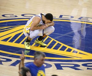 epa07556922 Golden State Warriors guard Stephen Curry reacts after the Warriors pulled off a win against the Houston Rockets during the NBA Western Conference playoffs semifinal game five at Oracle Arena in Oakland, California, USA, 08 May 2019.  EPA/JOHN G. MABANGLO SHUTTERSTOCK OUT