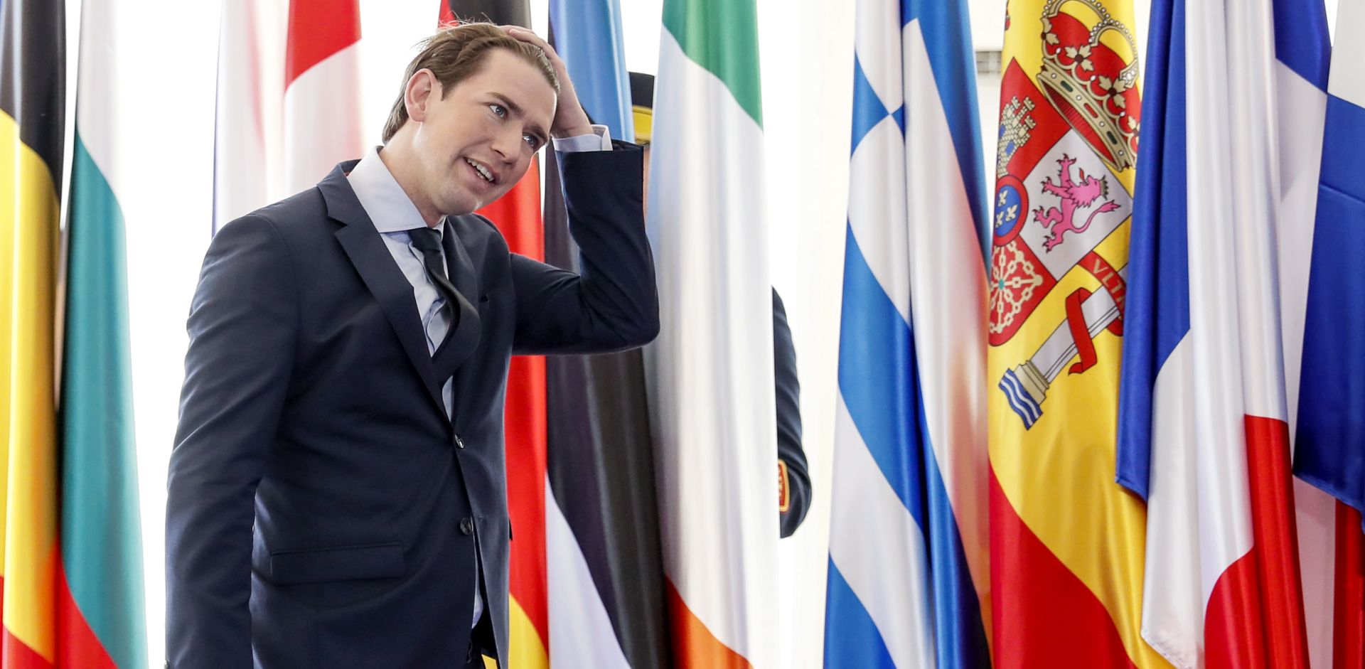 epa07557485 Austrian Chancellor Sebastian Kurz (C) arrives at an Informal Summit of Heads of State or Government of the European Union, held at the City Hall of Sibiu city, 275 Km north from Bucharest, Romania, 09 May 2019.  EPA/ROBERT GHEMENT