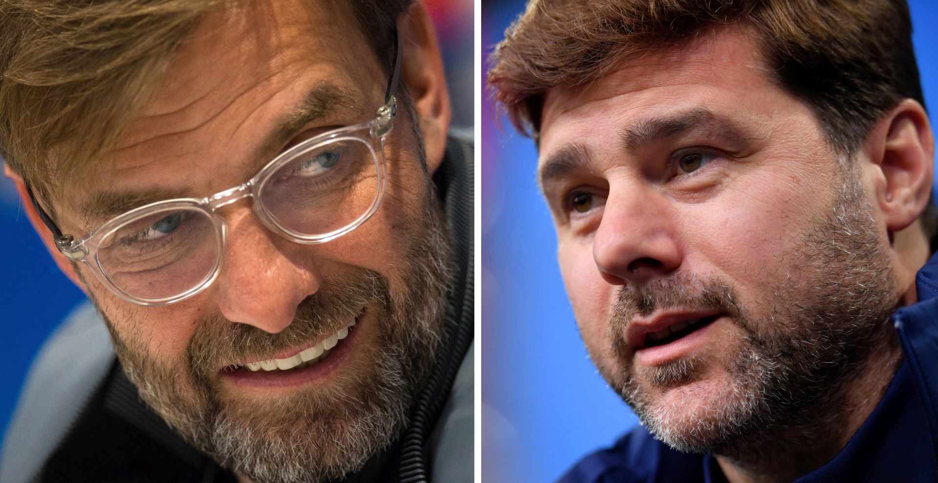 epa07557680 (FILE) - A composite file picture of Liverpool manager Juergen Klopp (L, taken on 05 March 2018 in Liverpool, Britain) and Tottenham's manager Mauricio Pochettino (R, taken on 20 November 2017 in Dortmund, Germany) - (issued 09 May 2019). Liverpool FC will face Tottenham Hotspur in the 2019 UEFA Champions League final at the Wanda Metropolitano stadium in Madrid, Spain, on 01 June 2019.  EPA/PETER POWELL - SASCHA STEINBACH