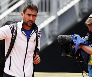 epa07569892 Marin Cilic (L) of Croatia arrives for his men's singles first round match against Andrea Basso of Italy at the Italian Open tennis tournament in Rome, Italy, 14 May 2019.  EPA/RICCARDO ANTIMIANI