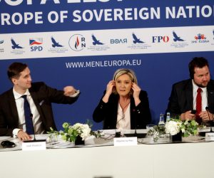 epa07570419 Estonian Conservative People's Party (EKRE) Jaak Madison (L), President of the French National Rally political party Marine Le Pen and member of the European Parliament from Denmark Anders Primdahl Vistisen (Danish People's Party) during the conference 'A Model Of Cooperation For A Better Future For The Peoples of Europe' organized by the Movement for a Europe of Nations and Freedom (MENF) in Tallinn, Estonia, 14 May 2019.  EPA/VALDA KALNINA