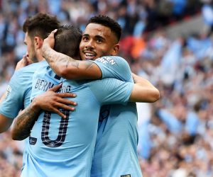 epa07581801 Gabriel Jesus (R facing) of Manchester City celebrates with teammates after scoring the 2-0 during the English FA Cup final between Manchester City and Watford at Wembley Stadium in London, Britain, 18 May 2019.  EPA/FACUNDO ARRIZABALAGA EDITORIAL USE ONLY. No use with unauthorized audio, video, data, fixture lists, club/league logos or 'live' services. Online in-match use limited to 120 images, no video emulation. No use in betting, games or single club/league/player publications