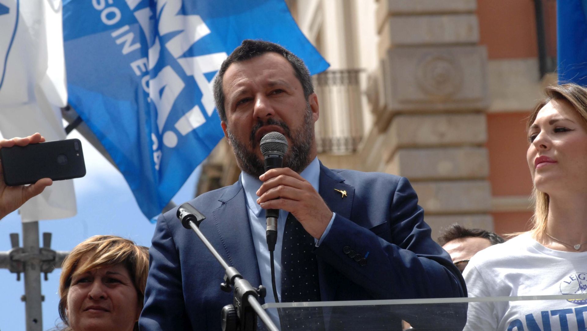 epa07589300 Italian Deputy Premier and Interior Minister, Matteo Salvini, attends an election campaign rally in Lecce, southern Italy, 21 May 2019. Matteo Salvini is campaigning for his right-wing Lega (League) party in the upcoming European election.  EPA/CLAUDIO LONGO