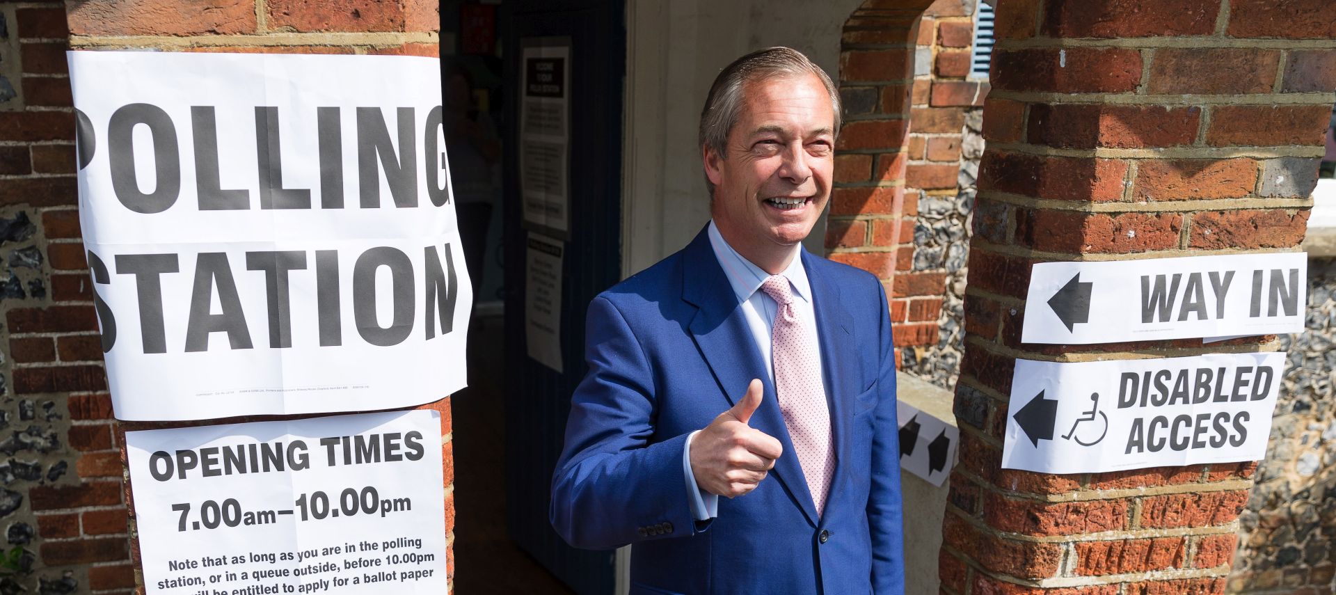 epa07593837 Leader of The Brexit Party, Nigel Farage arrives to cast his vote in the European elections at a polling station in Biggin Hill, Kent, Britain, 23 May 2019. The European Parliament election is held by member countries of the European Union (EU) from 23 to 26 May 2019.  EPA/VICKIE FLORES