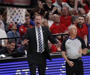 epa07550212 Portland Trail Blazers head coach Terry Stotts (L) reacts on the sideline during the NBA Western Conference second round playoff basketball game four between the Denver Nuggets and the Portland Trail Blazers at the Moda Center in Portland, Oregon, USA, 05 May 2019.  EPA/STEVE DIPAOLA  SHUTTERSTOCK OUT