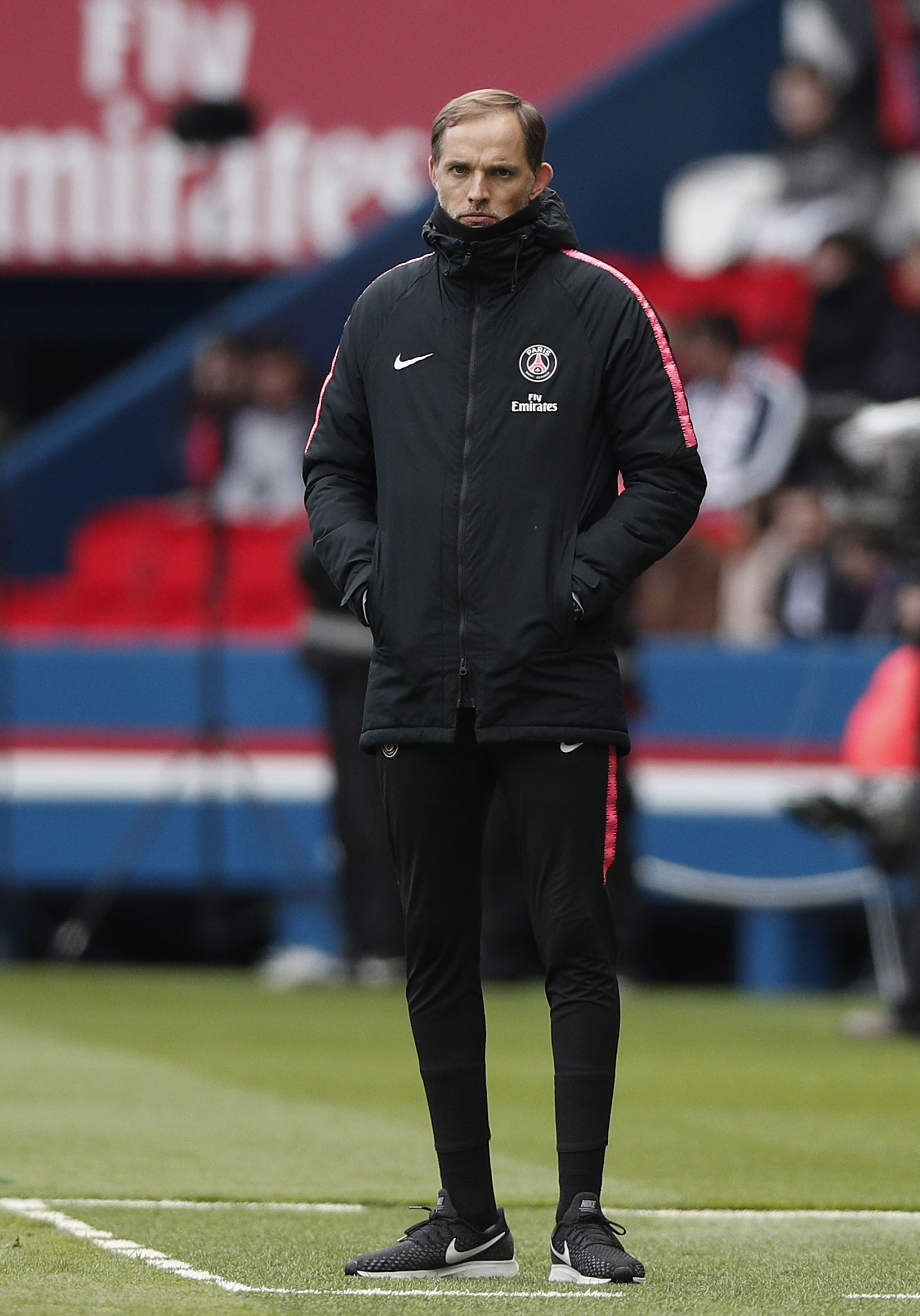 epa07547060 Paris Saint Germain head coach Thomas Tuchel looks on during the French Ligue 1 soccer match between PSG and Nice at the Parc des Princes stadium in Paris, France, 04 May 2019.  EPA/YOAN VALAT